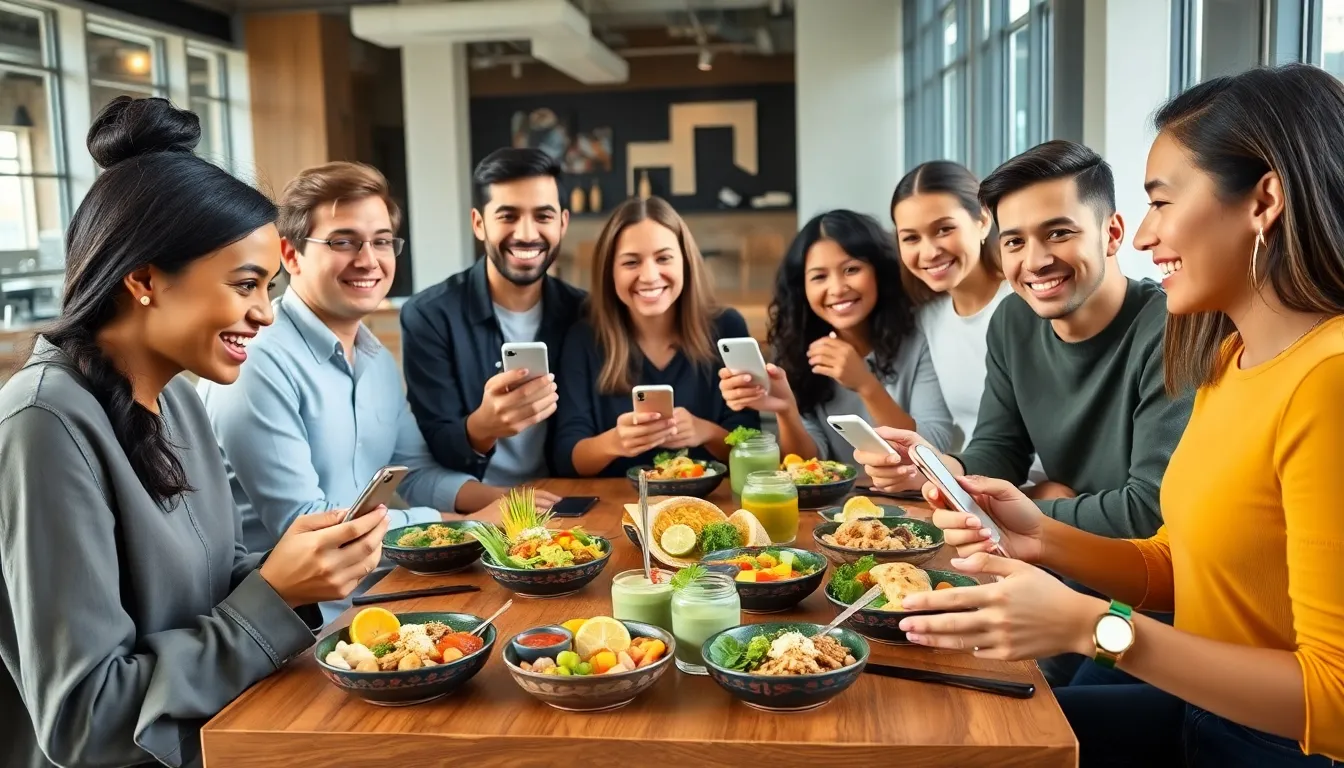 diverse group of Gen Z friends enjoying colorful meals in a modern café.