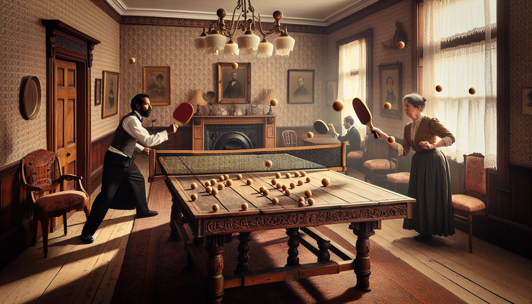 Victorian-era individuals playing an early form of table tennis indoors.