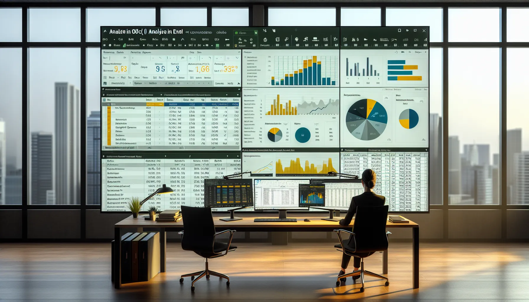 Professional in a modern office using Power BI Analyze in Excel on dual monitors.