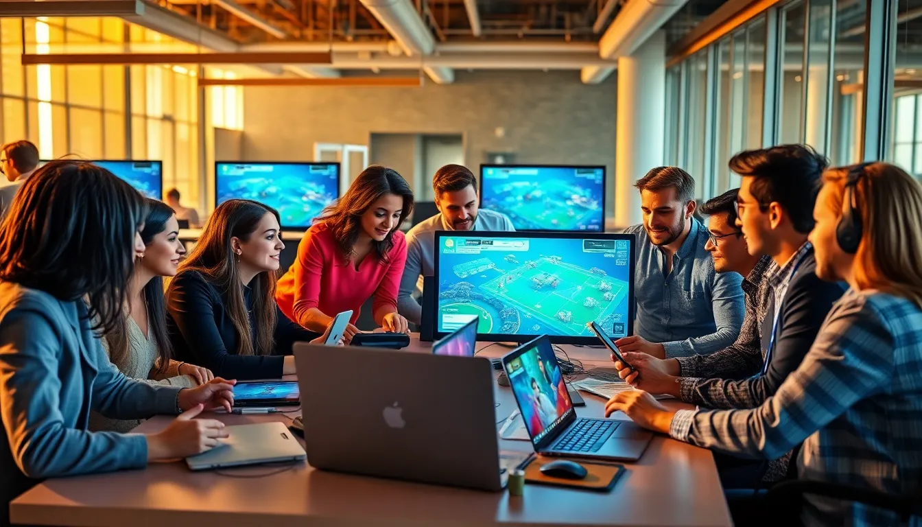 diverse gaming team collaborating in a modern office.