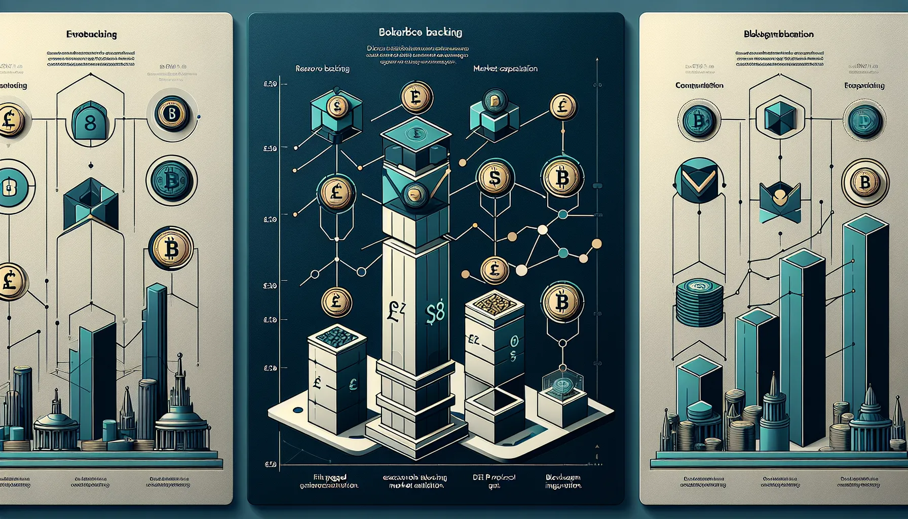 Three-column comparison infographic showing stablecoin characteristics, stability, and market integration with UK financial elements.