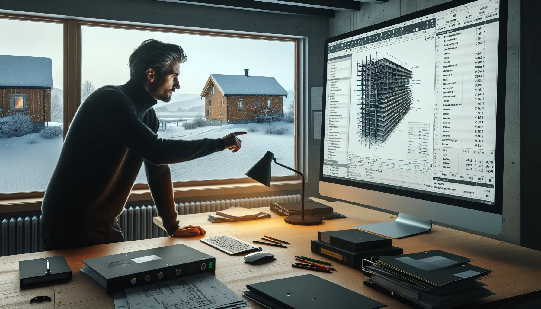 Engineer reviews bim prefab modules and delivery plan in a norwegian site office.