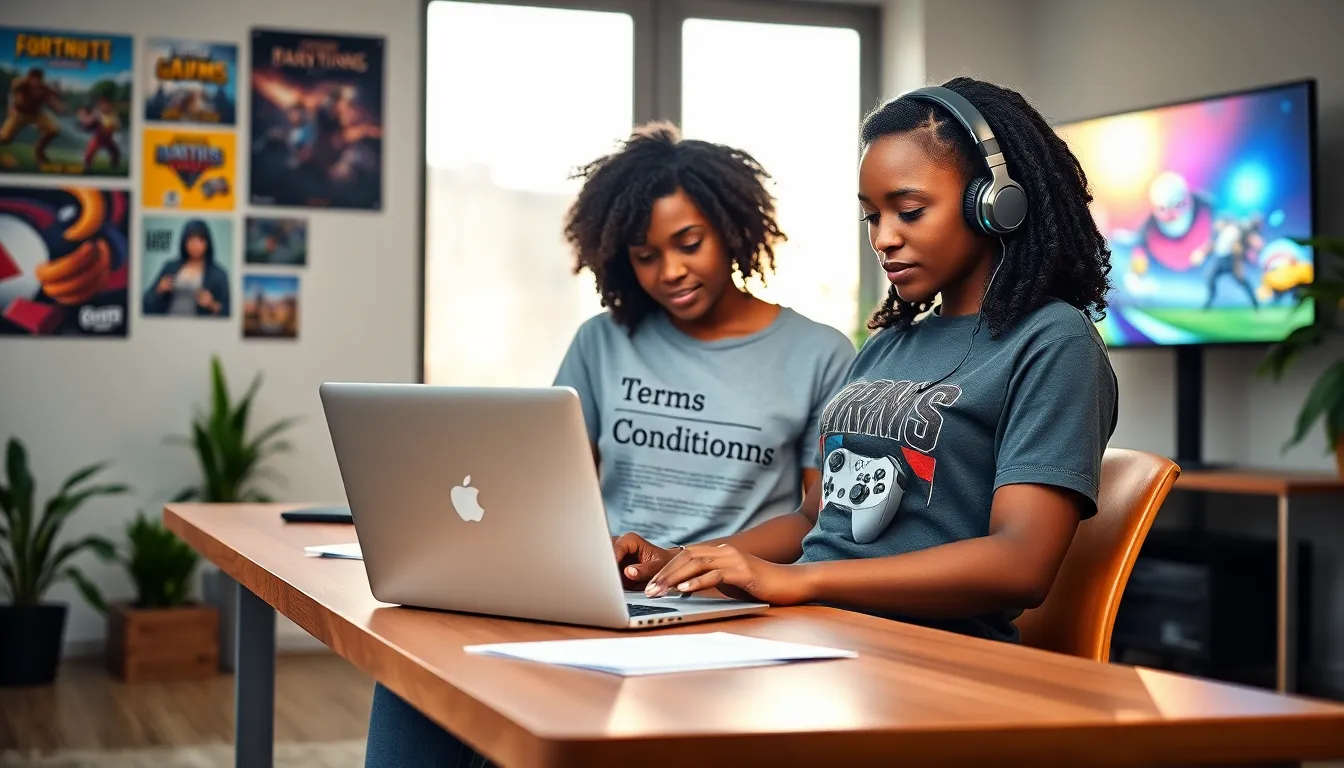 A woman reviewing terms and conditions in a modern gaming workspace.