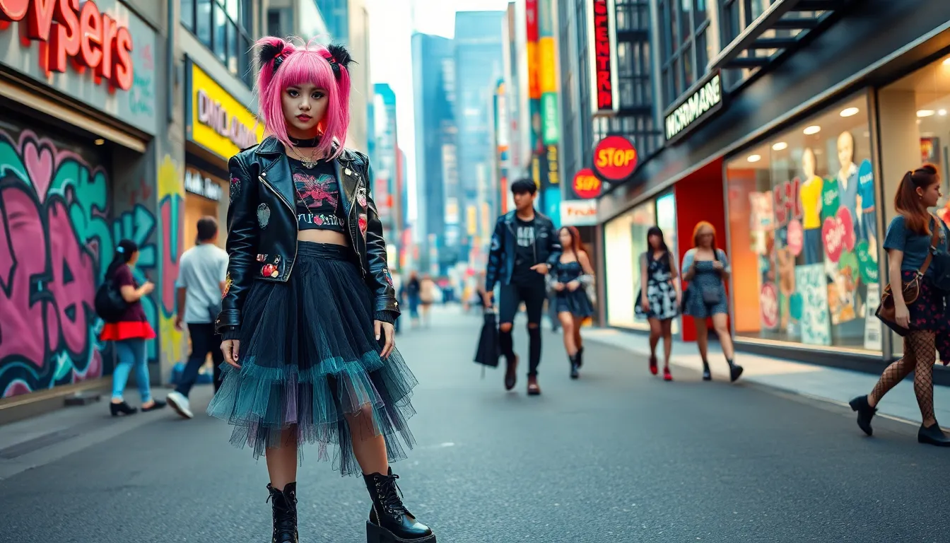 A young woman in bold street fashion stands confidently in an urban setting.