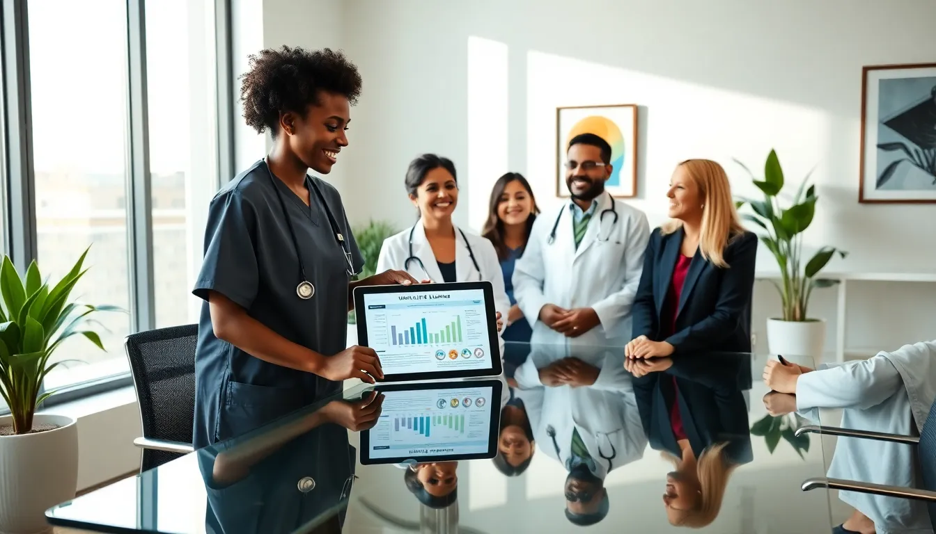 diverse group of doctors discussing work-life balance in a modern office.