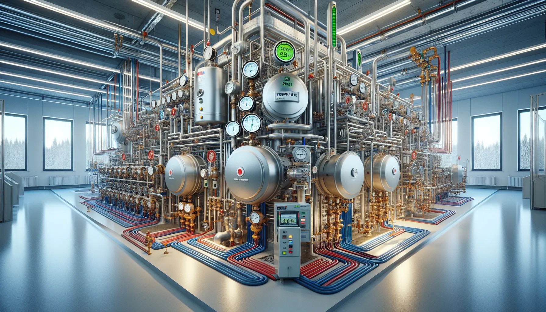 Modern norwegian boiler room with heat pump, plate exchanger, pumps, and expansion tank.