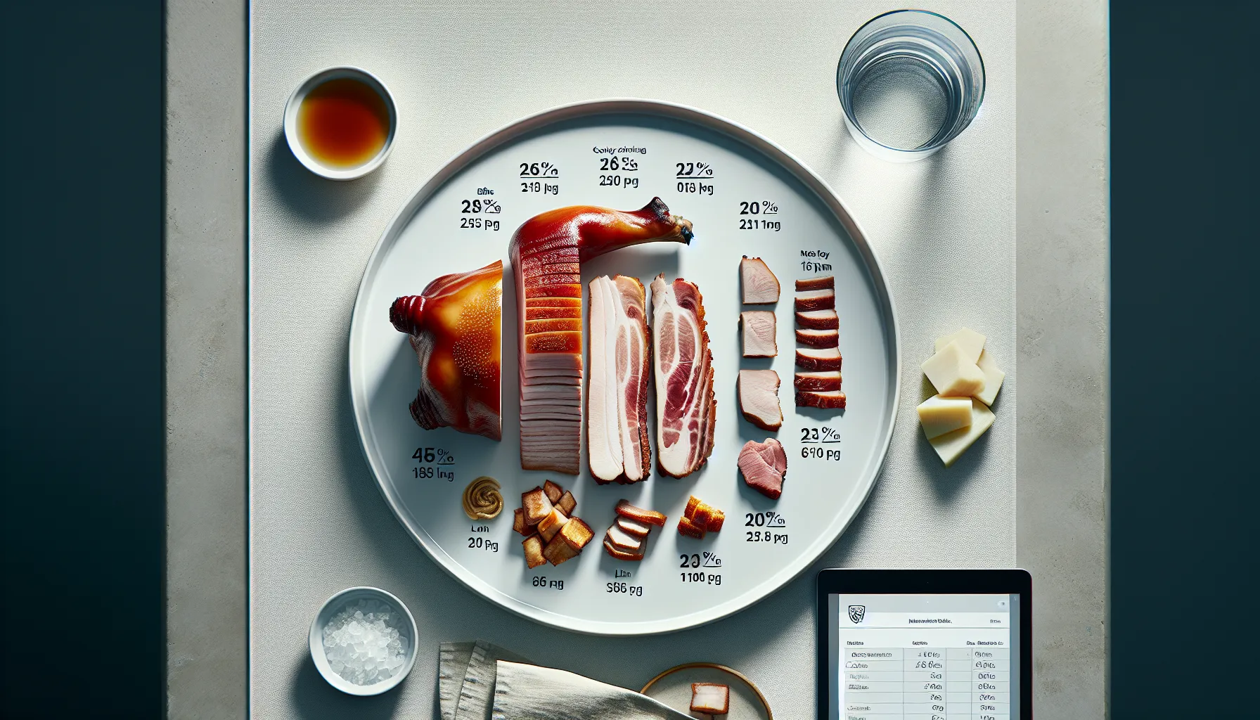 Different cuts of roast suckling pig with labeled nutrition facts on a clean plate.