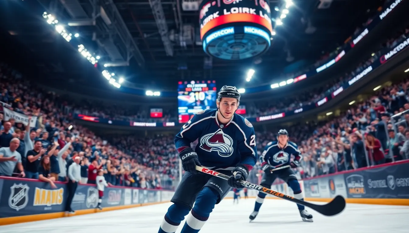 Nathan MacKinnon skating during a Colorado Avalanche game in a packed arena.