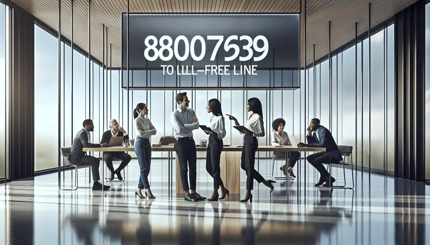 diverse team discussing a toll-free number in a modern office.