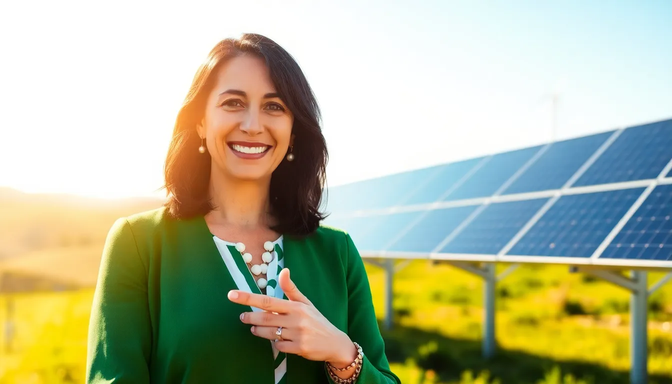 Peggy L. Carlton in front of a solar power installation, showcasing her passion for renewable energy.