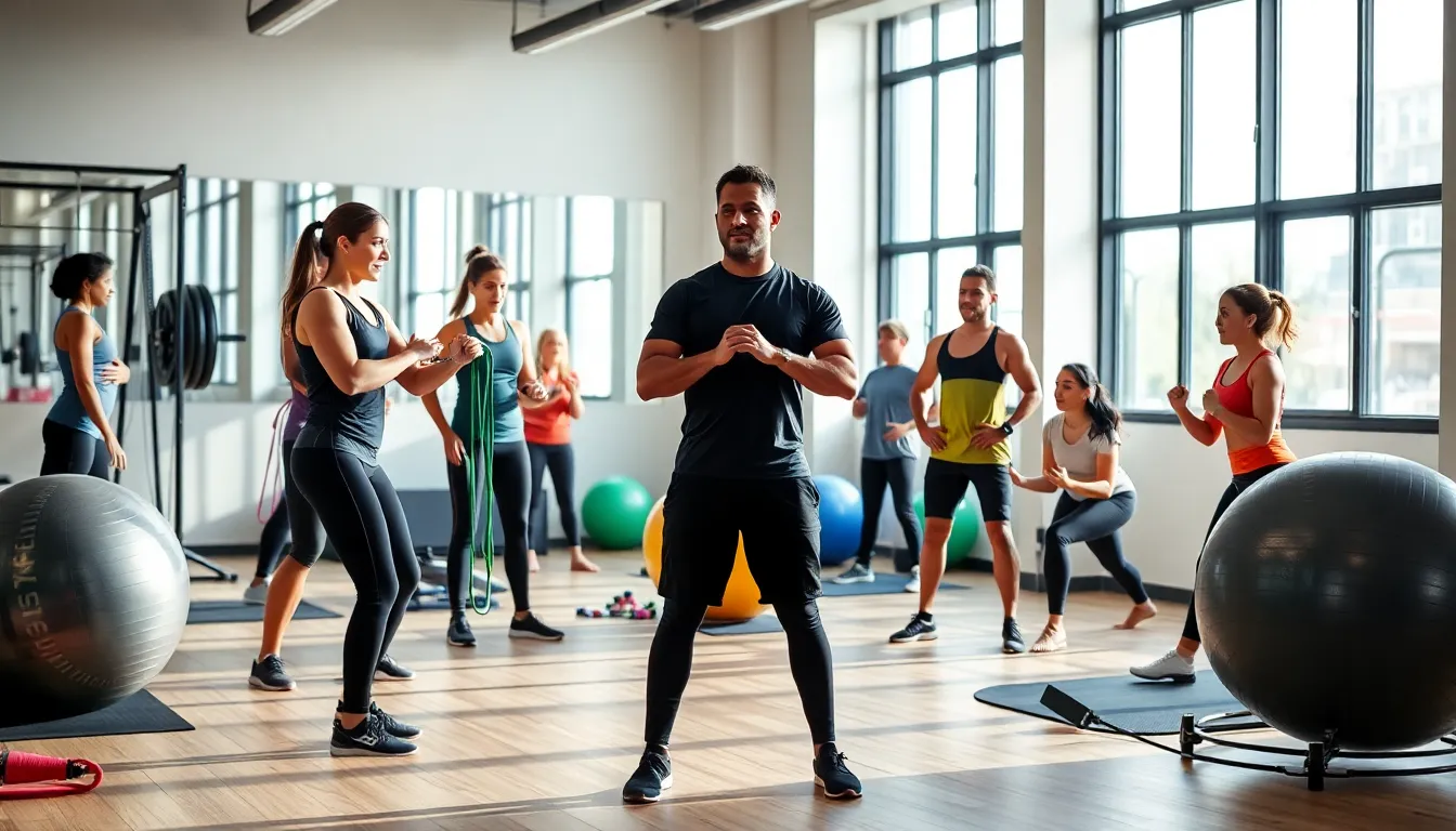 diverse trainers demonstrating adaptive fitness methods in a modern gym.
