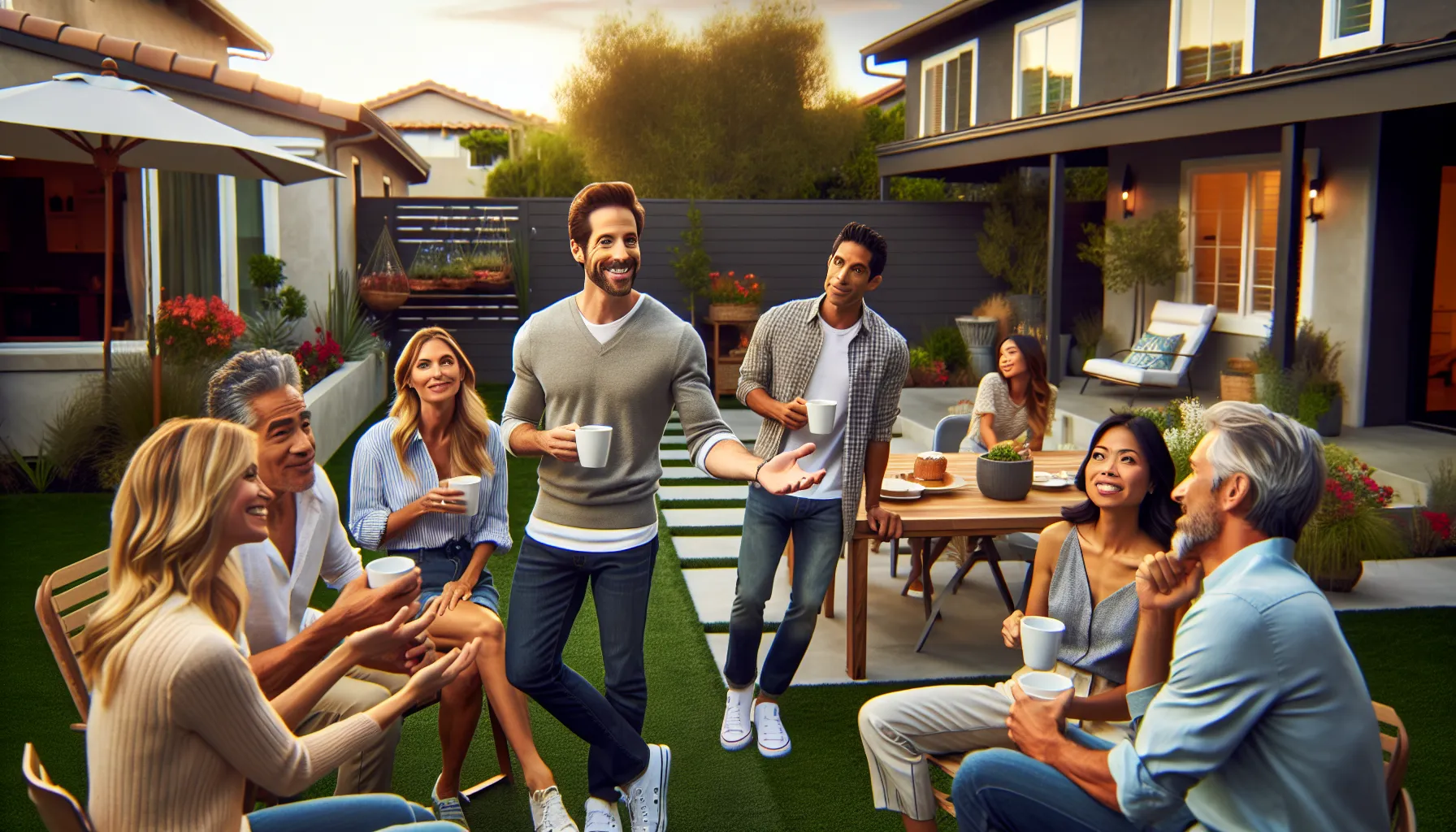 neighbors discussing openly over coffee in a suburban backyard.