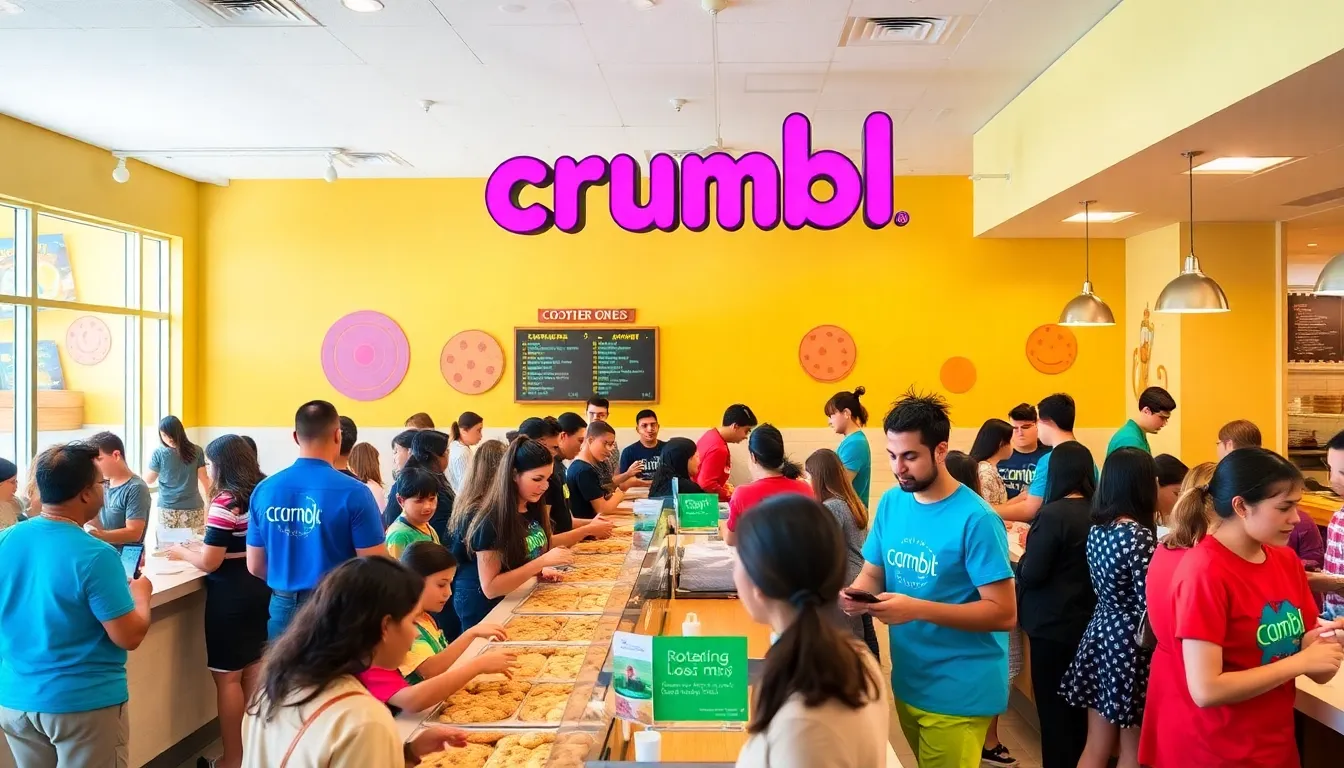 customers enjoying freshly baked cookies in a vibrant Crumbl Cookies shop.