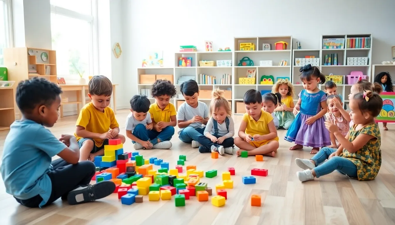 Children engaged in play activities in a modern classroom.