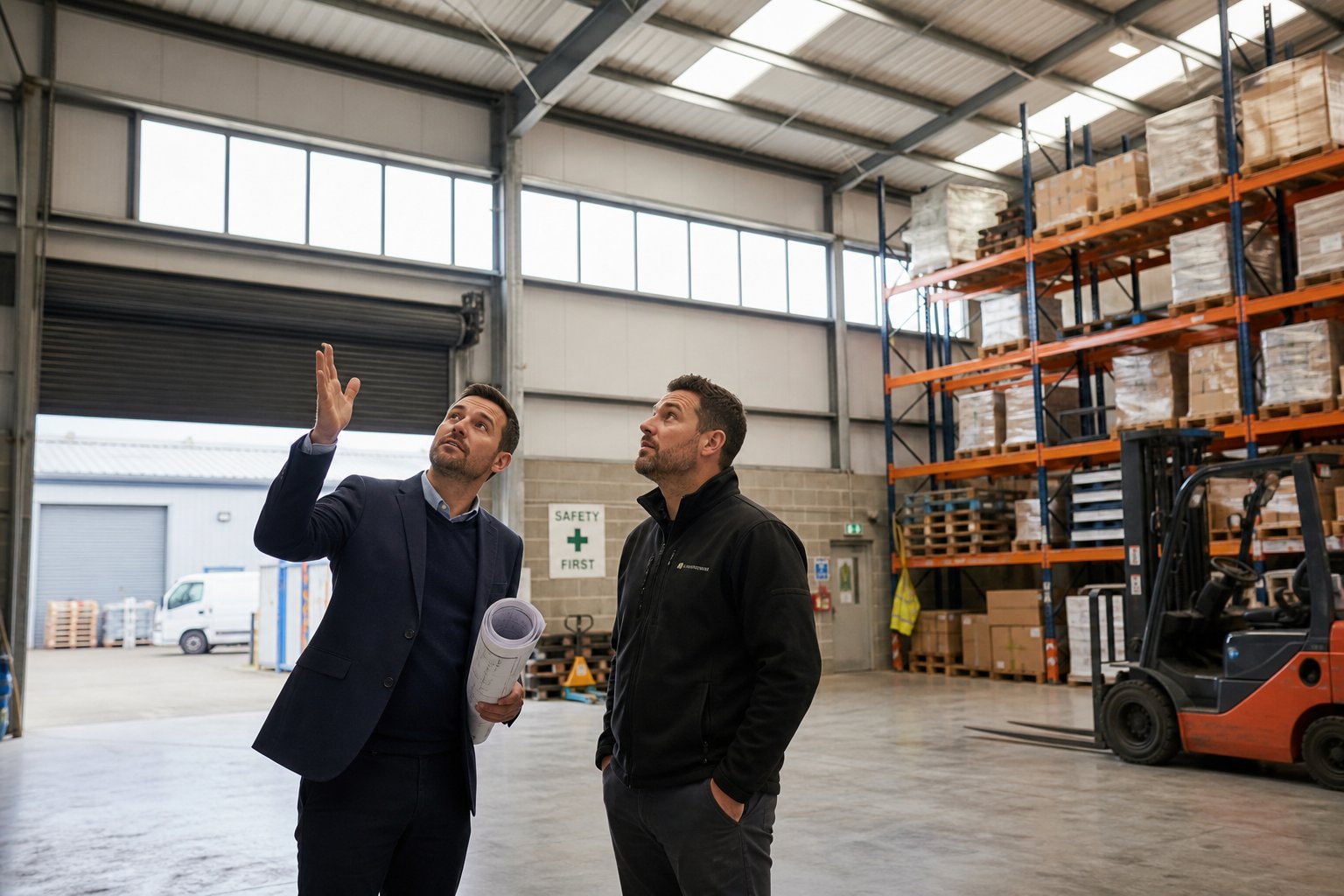 Commercial Mortgage Broker Stockport - Purchase and Refi 13 Advisor and business owner discussing financing inside a bright industrial warehouse unit.