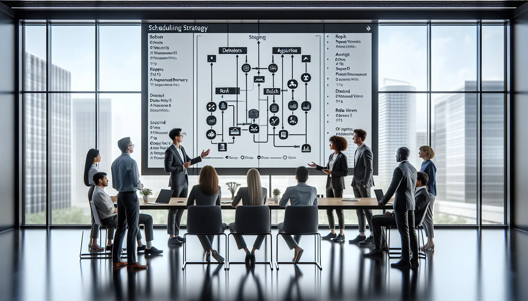 Analytics team planning reliable Power BI report scheduling and security in a modern office.