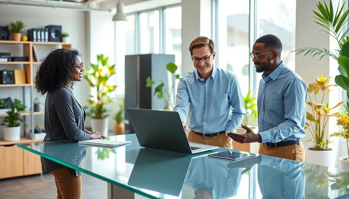 technician assisting a customer in a modern office.