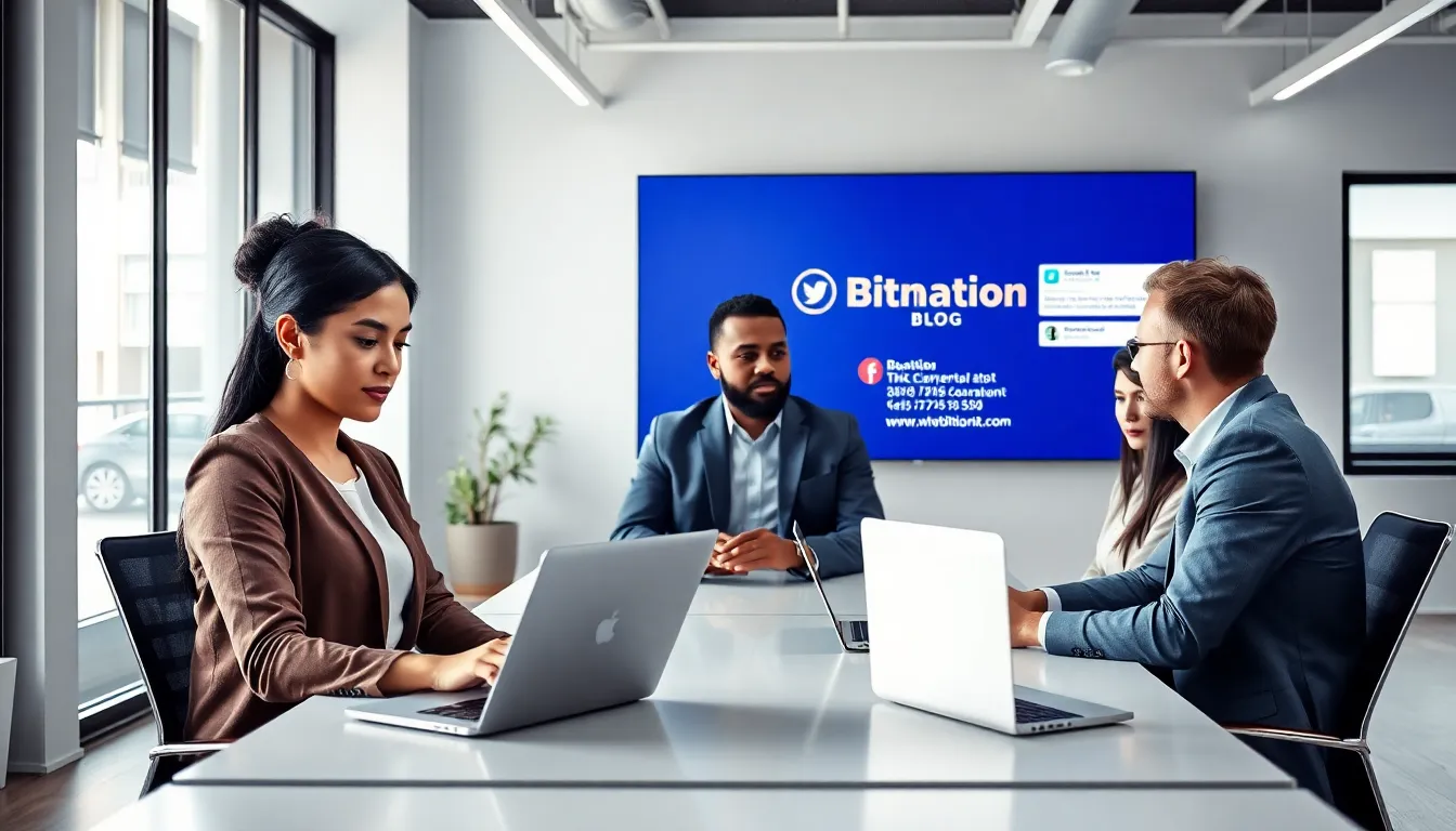 diverse professionals discussing communication options in a modern office.