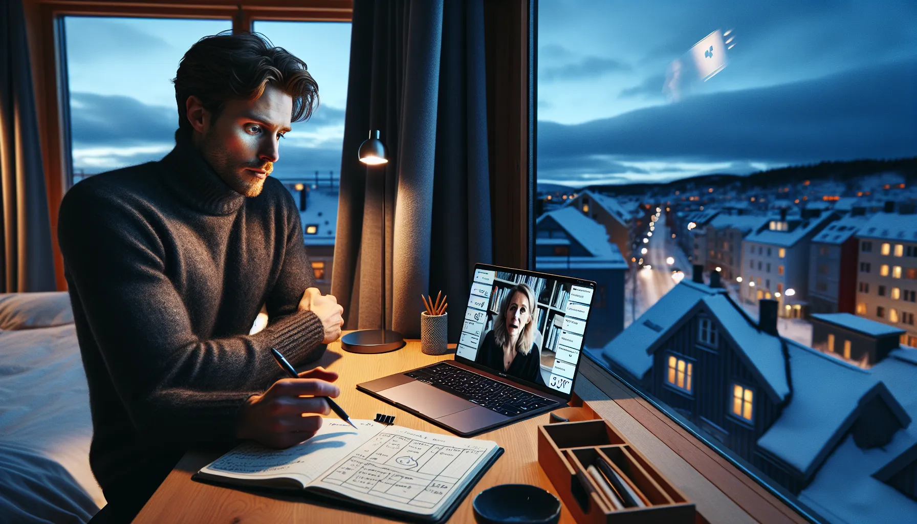 Man in norway on video cbt call, tracking mood and sleep data.