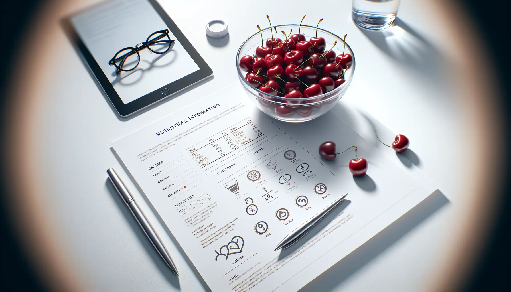 Fresh cherries and nutrition chart on a modern white desk.