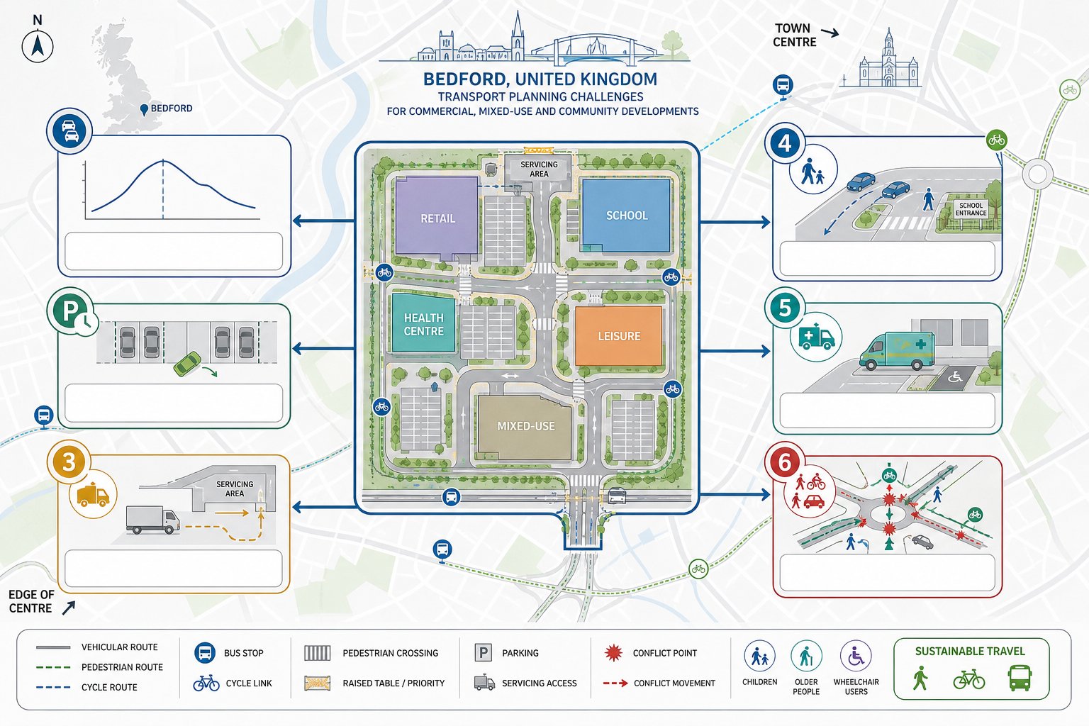 Infographic of Bedford development traffic issues, access routes, parking, servicing, and safety.