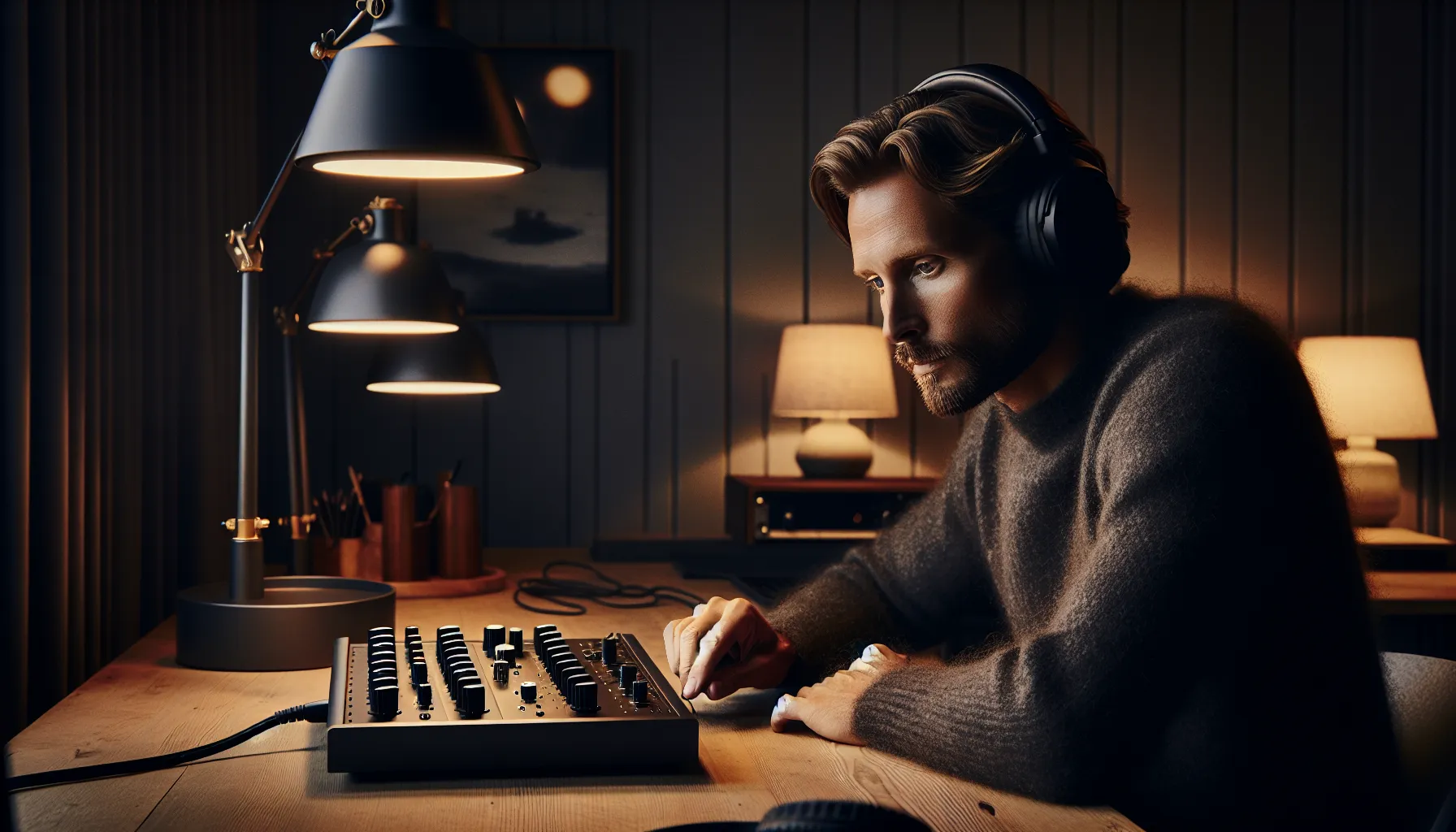 Hvordan velge riktig lydutstyr for hjemmestudioet ditt 3 Norwegian home studio with man adjusting a usb audio interface on his desk.