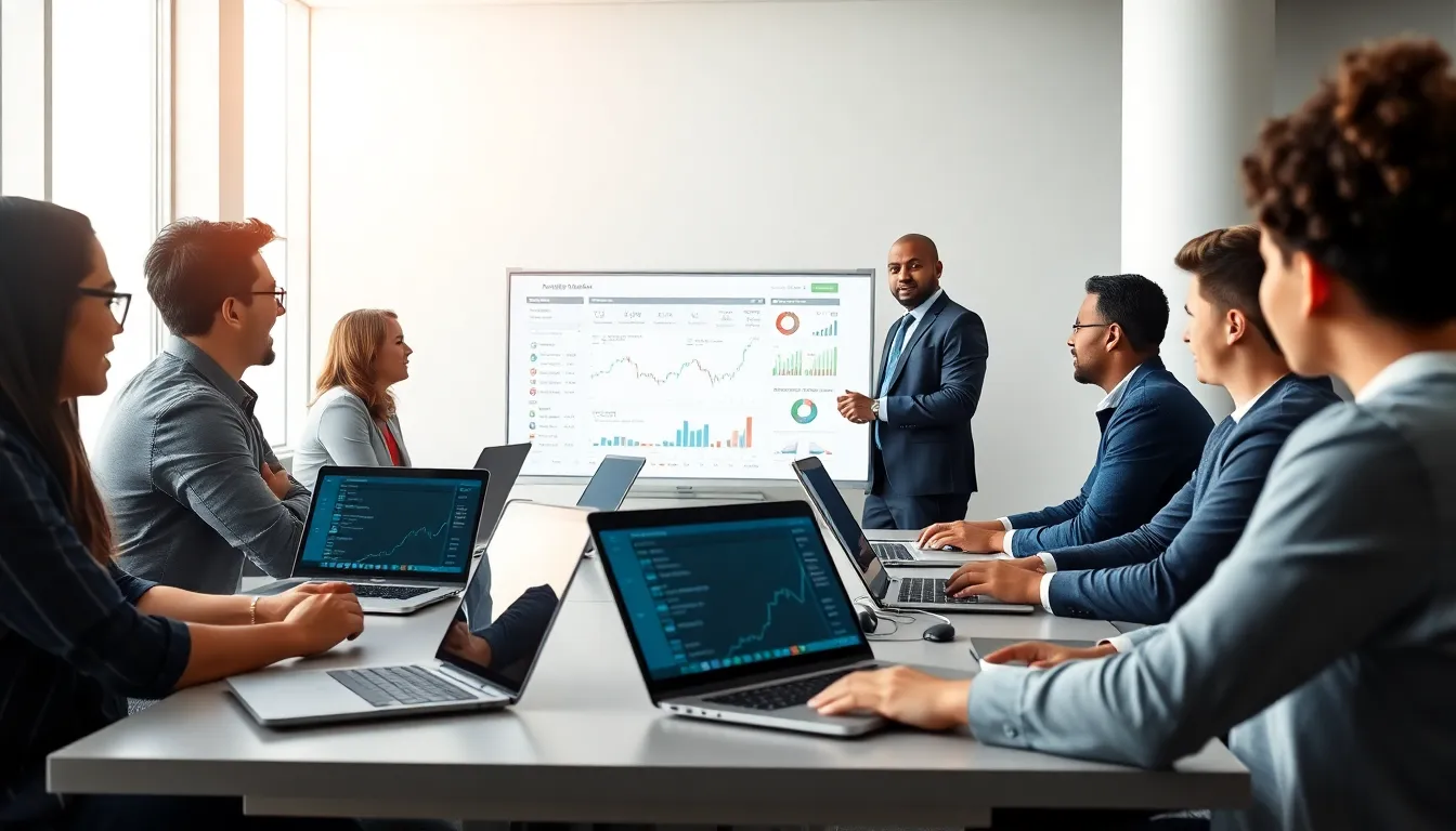 diverse group learning about stock market courses in a modern classroom.