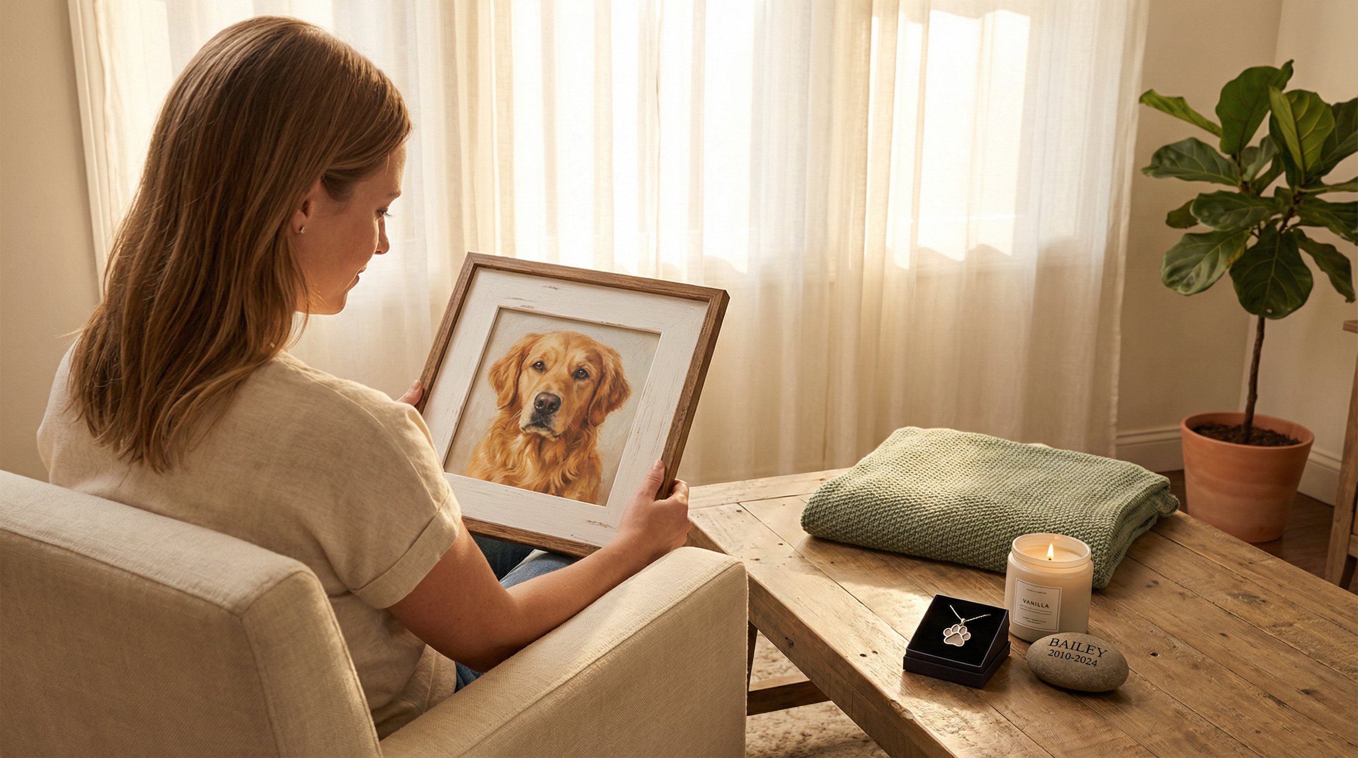 Woman holding a framed dog portrait surrounded by personalized pet memorial gifts.