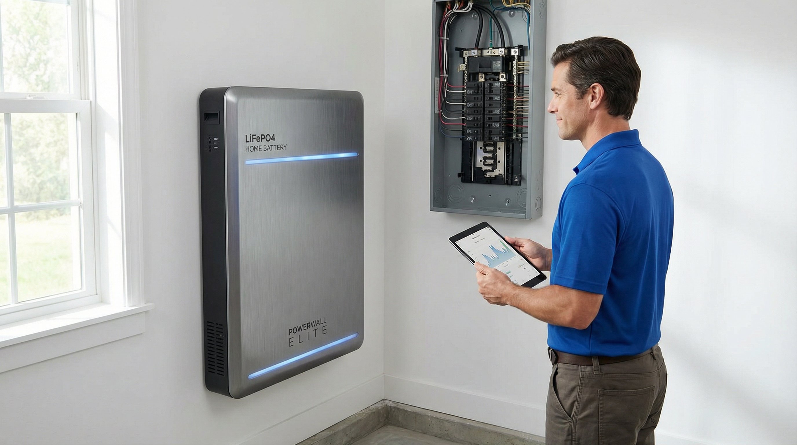 Modern home battery backup system mounted on wall in residential utility room.