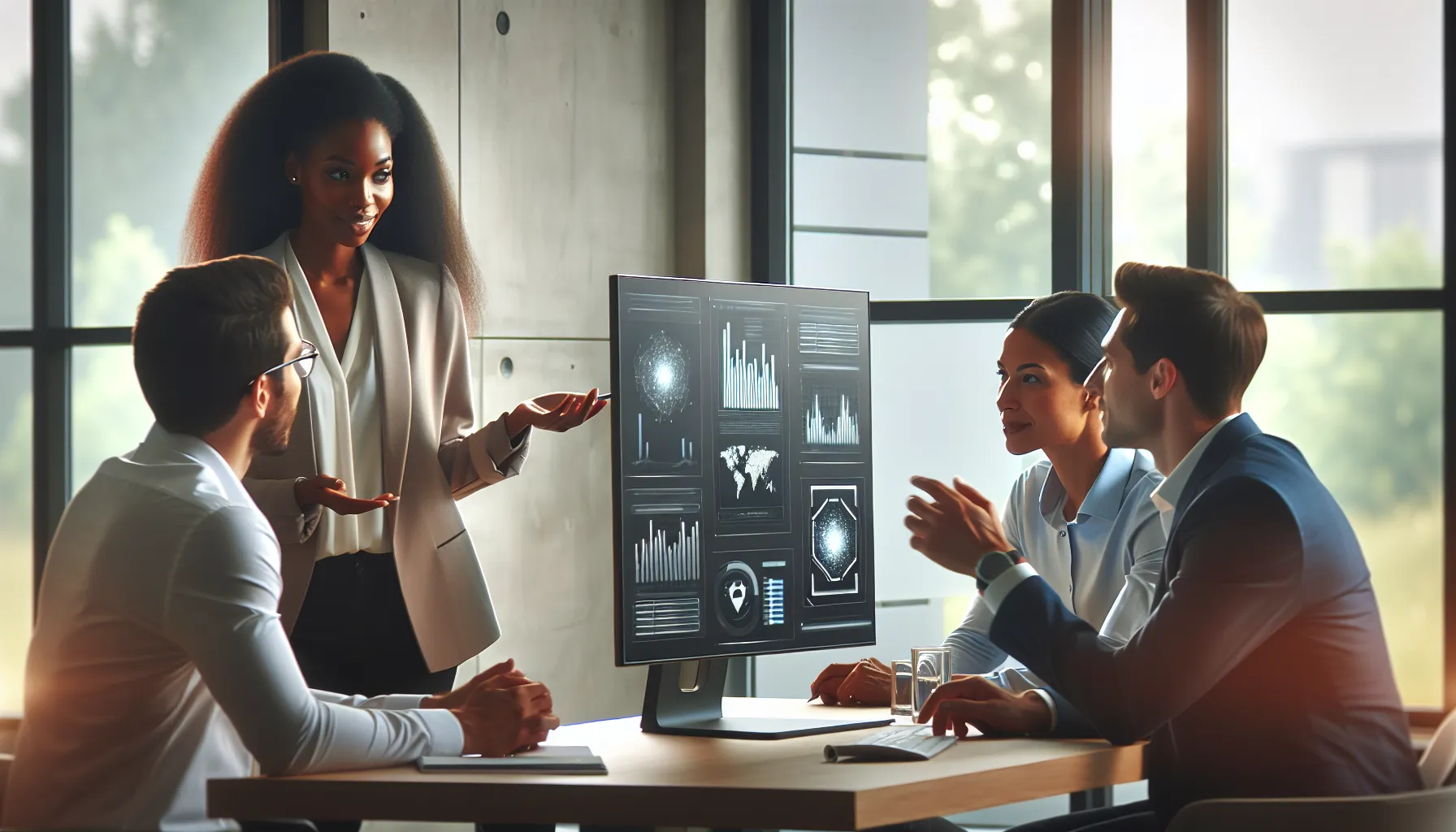 diverse professionals discussing data privacy in a modern office.