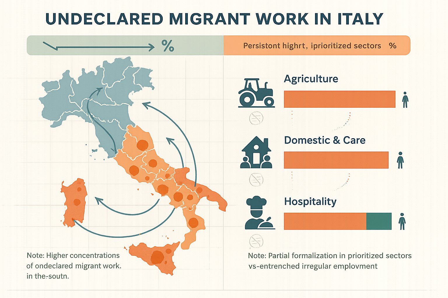 Mappa d'Italia che mostra maggiore lavoro irregolare di migranti nelle province meridionali e barre settoriali.