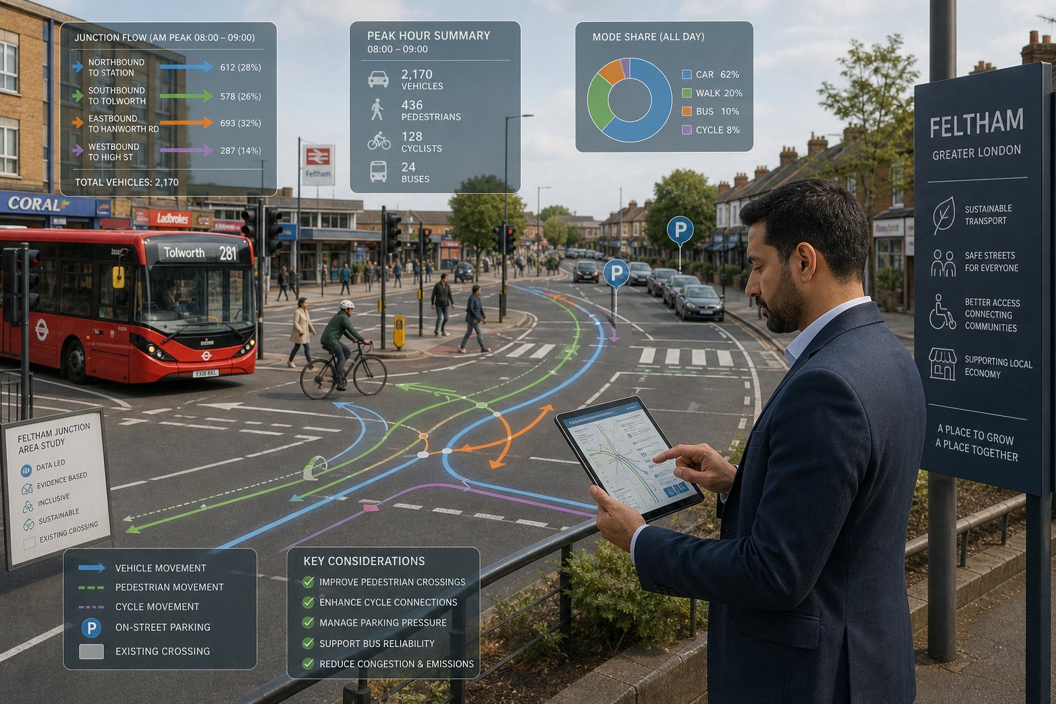 Traffic engineer assessing local road and transport conditions in Feltham.
