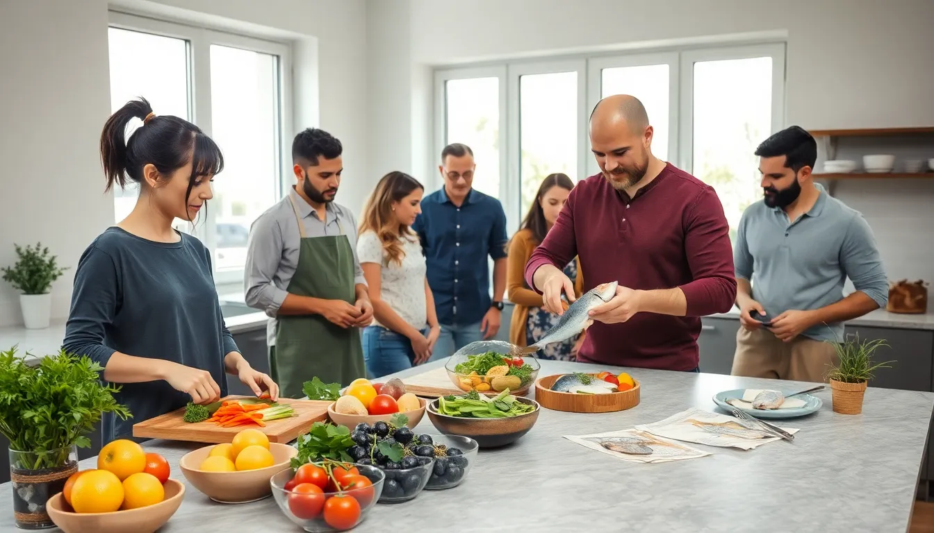 diverse group preparing peskatrian meals in a modern kitchen.