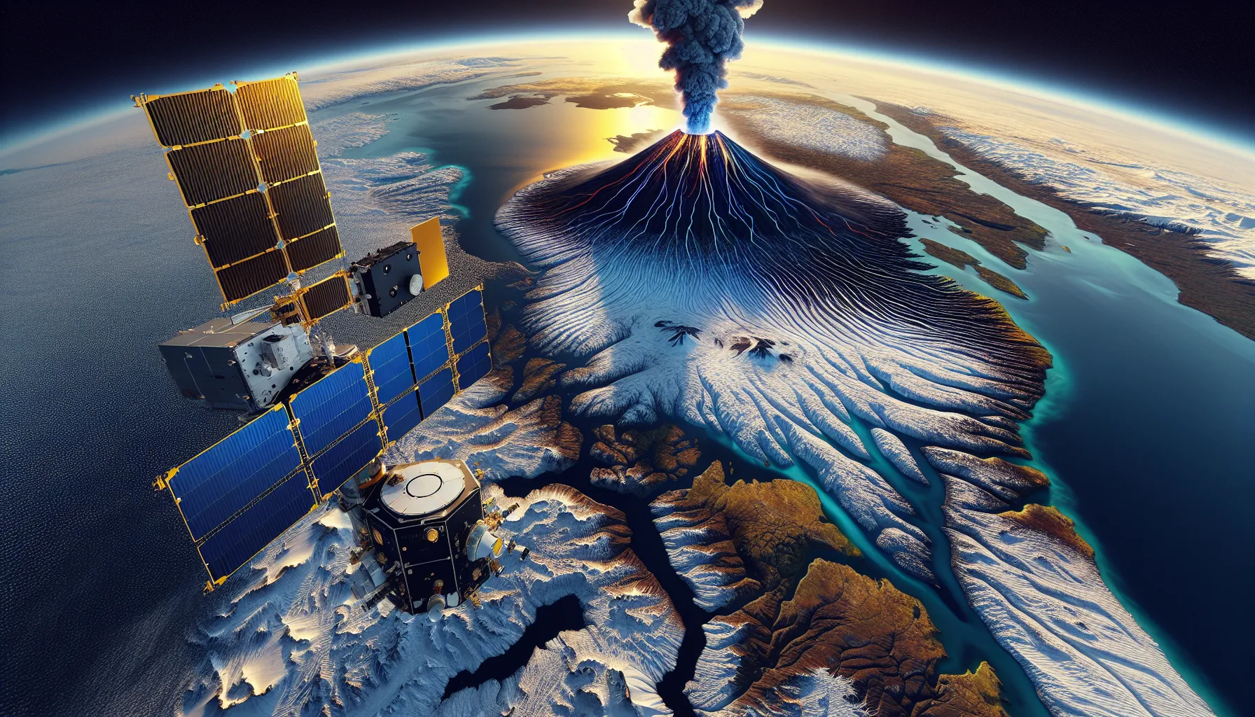 Satellite observing a north atlantic volcano, tracking ash plume, gas, heat, and ground change.