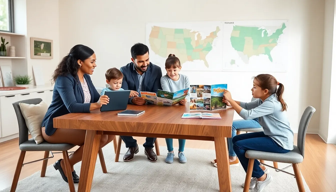 family planning a vacation around a dining table.