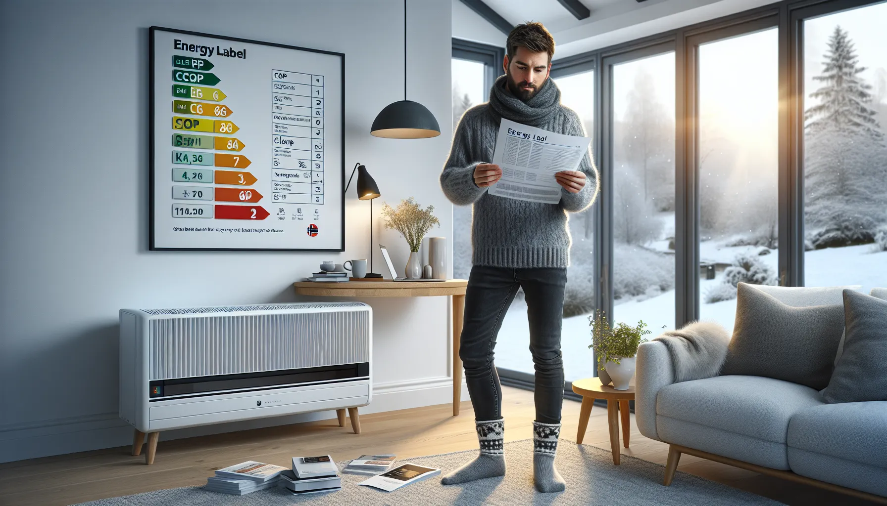 Norwegian homeowner comparing heat pump efficiency labels in a winter living room.
