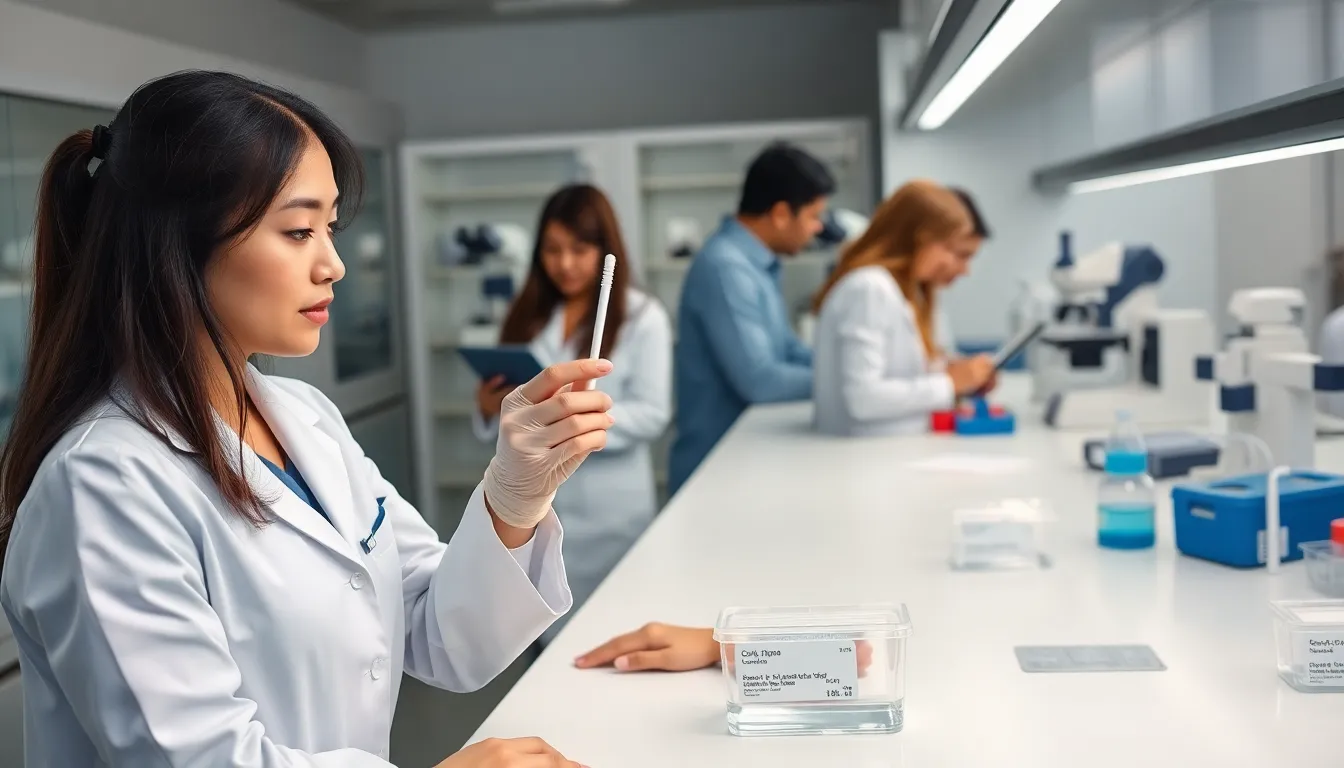 medical technician handling a viral culture swab in a laboratory setting.