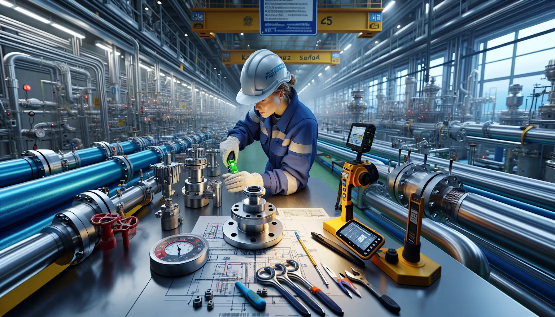 Industriell rørlegging – en undervurdert yrkesvei 3 Norwegian pipefitter torques a stainless flange using digital tools in a safe plant.