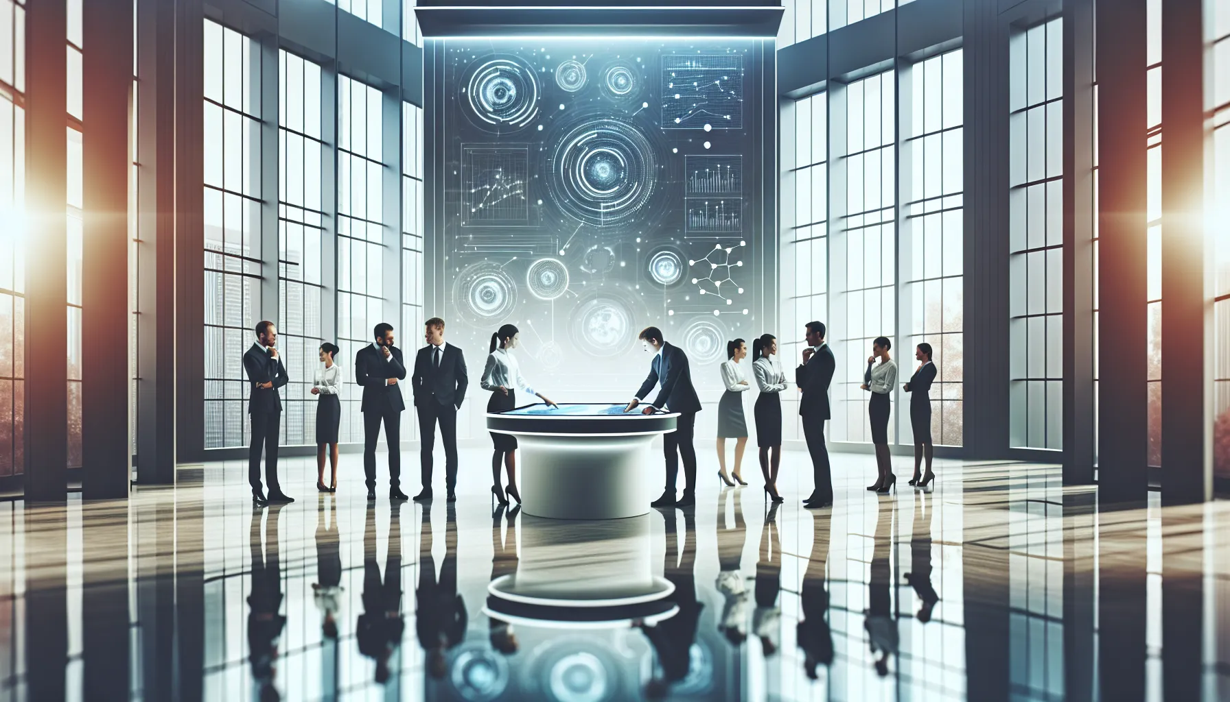 diverse professionals collaborating over digital technology in a modern office.