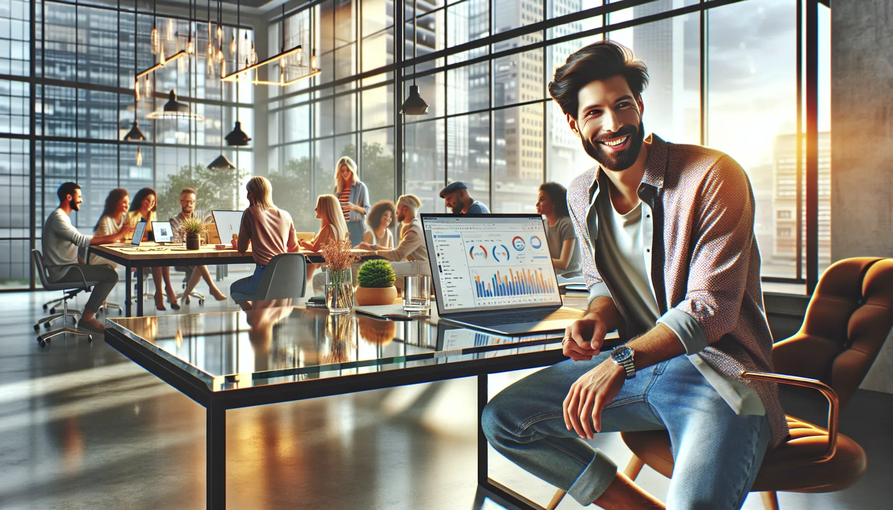 MorganJHickey17 in a vibrant office, engaging with a diverse team.