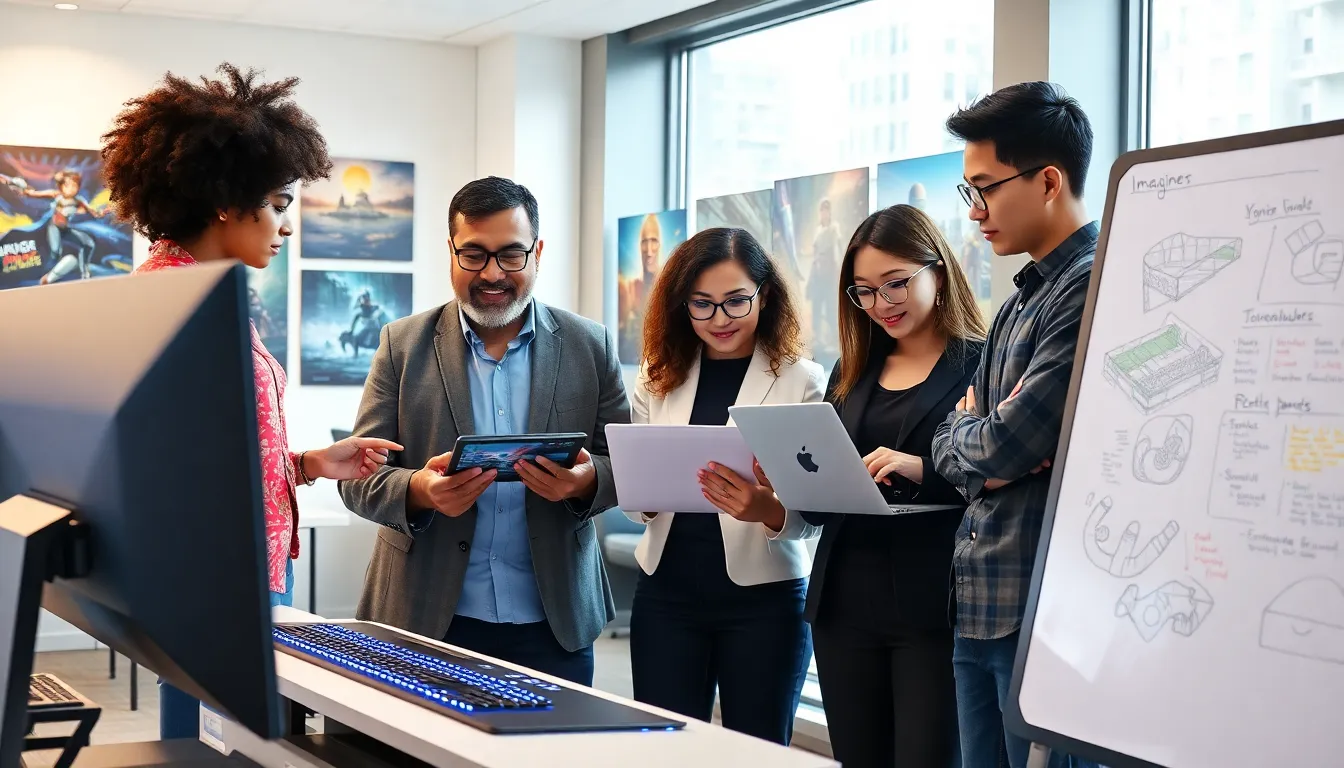 a diverse team of professionals collaborating on video game designs in an office.