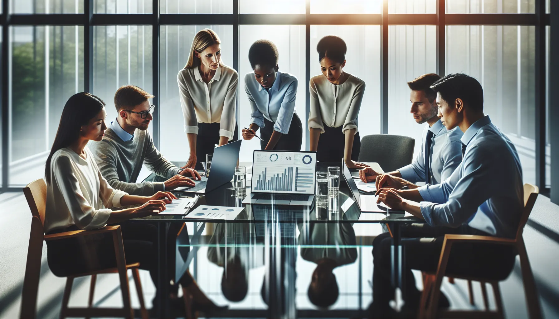 diverse team analyzing performance metrics in a modern office.