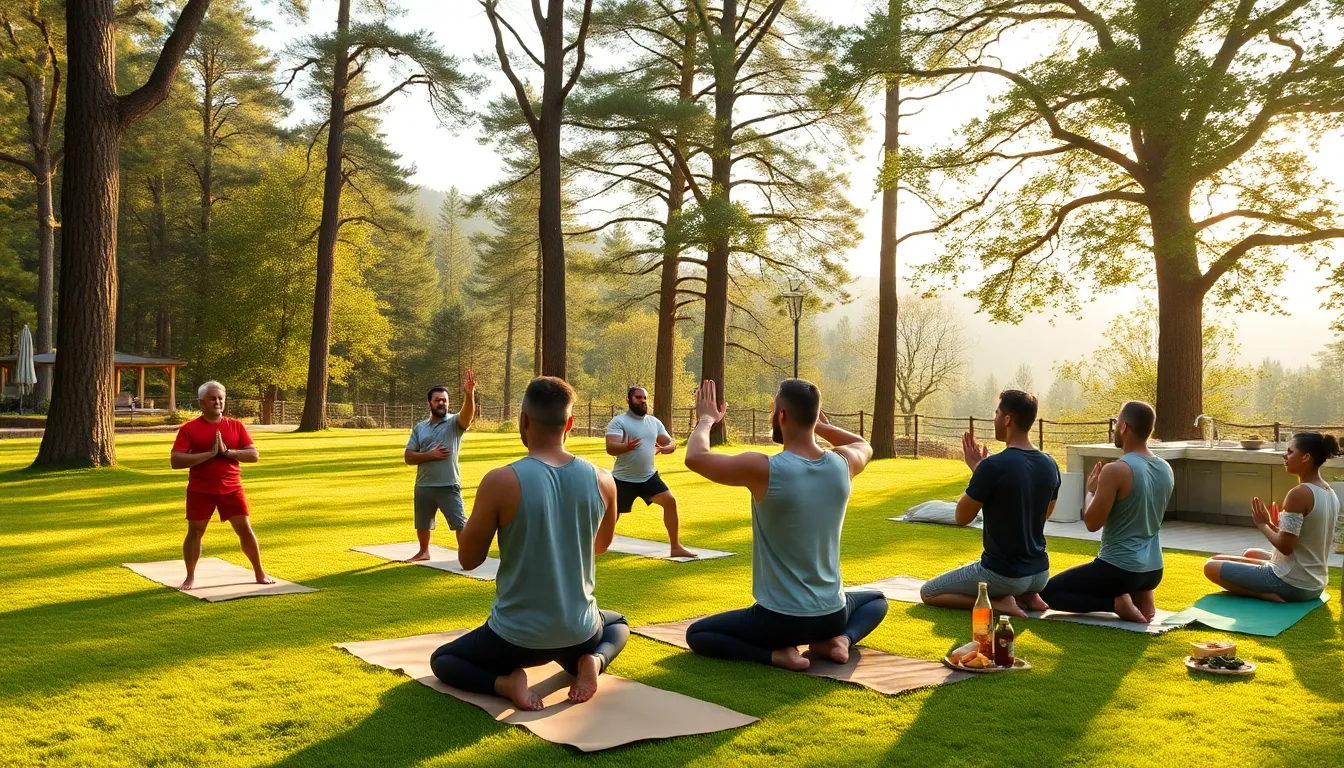 men practicing yoga at a wellness retreat in a natural setting.