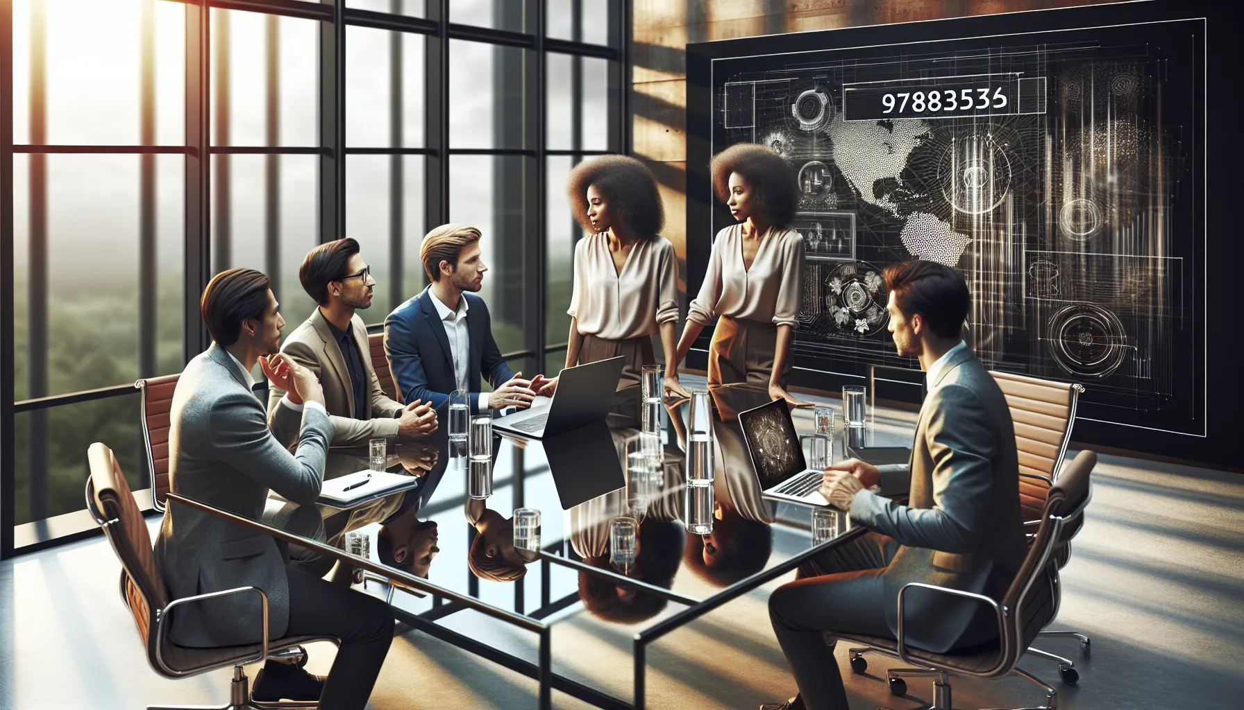 a diverse team in a modern office discussing applications of a significant number.