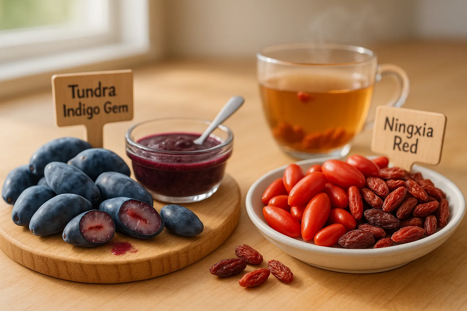 Close-up of honeyberries (fresh, crushed) beside fresh and dried goji berries with tea.
