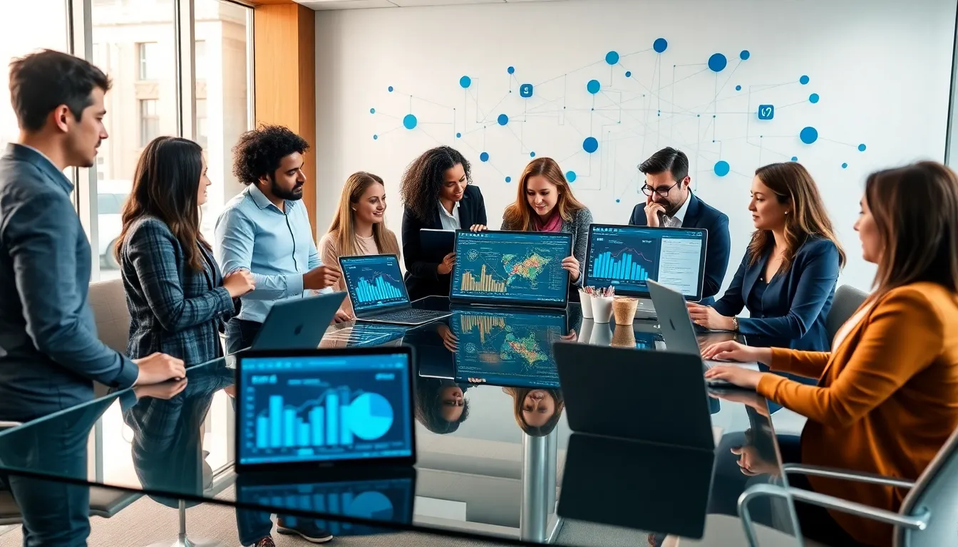 diverse marketing team collaborating on martech integrations in a modern office.