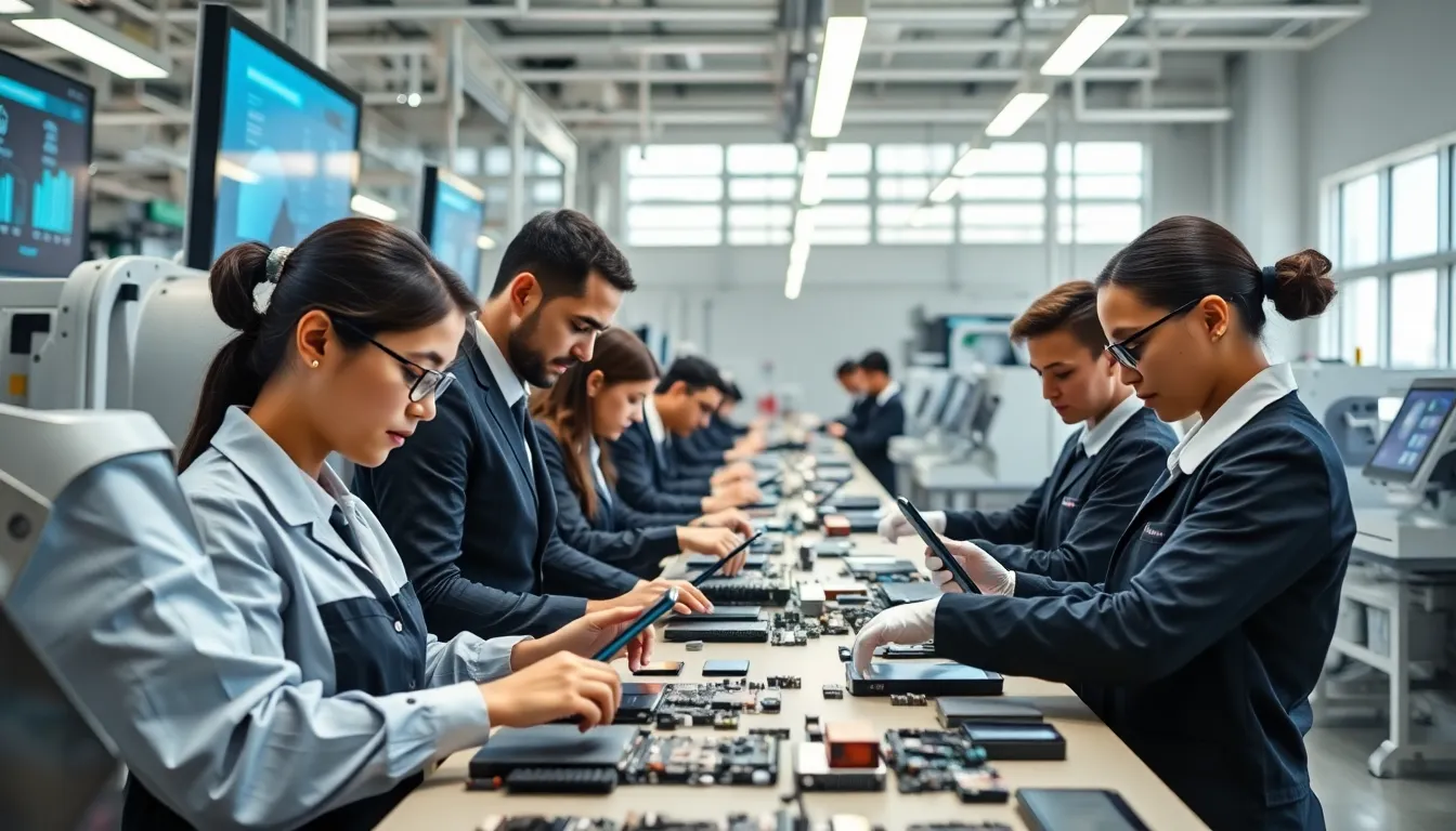diverse team assembling Pixel phones in a modern manufacturing facility.