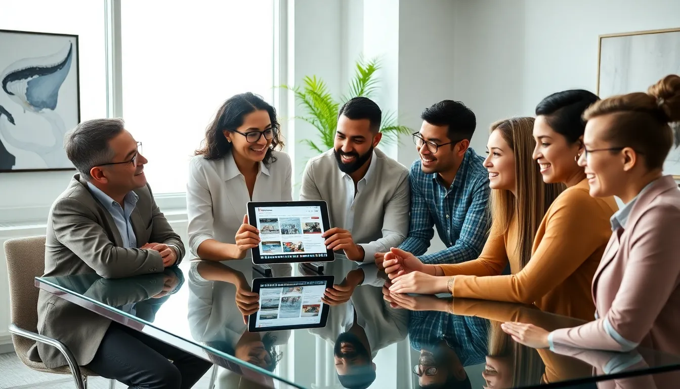 diverse team discussing content in a modern office.