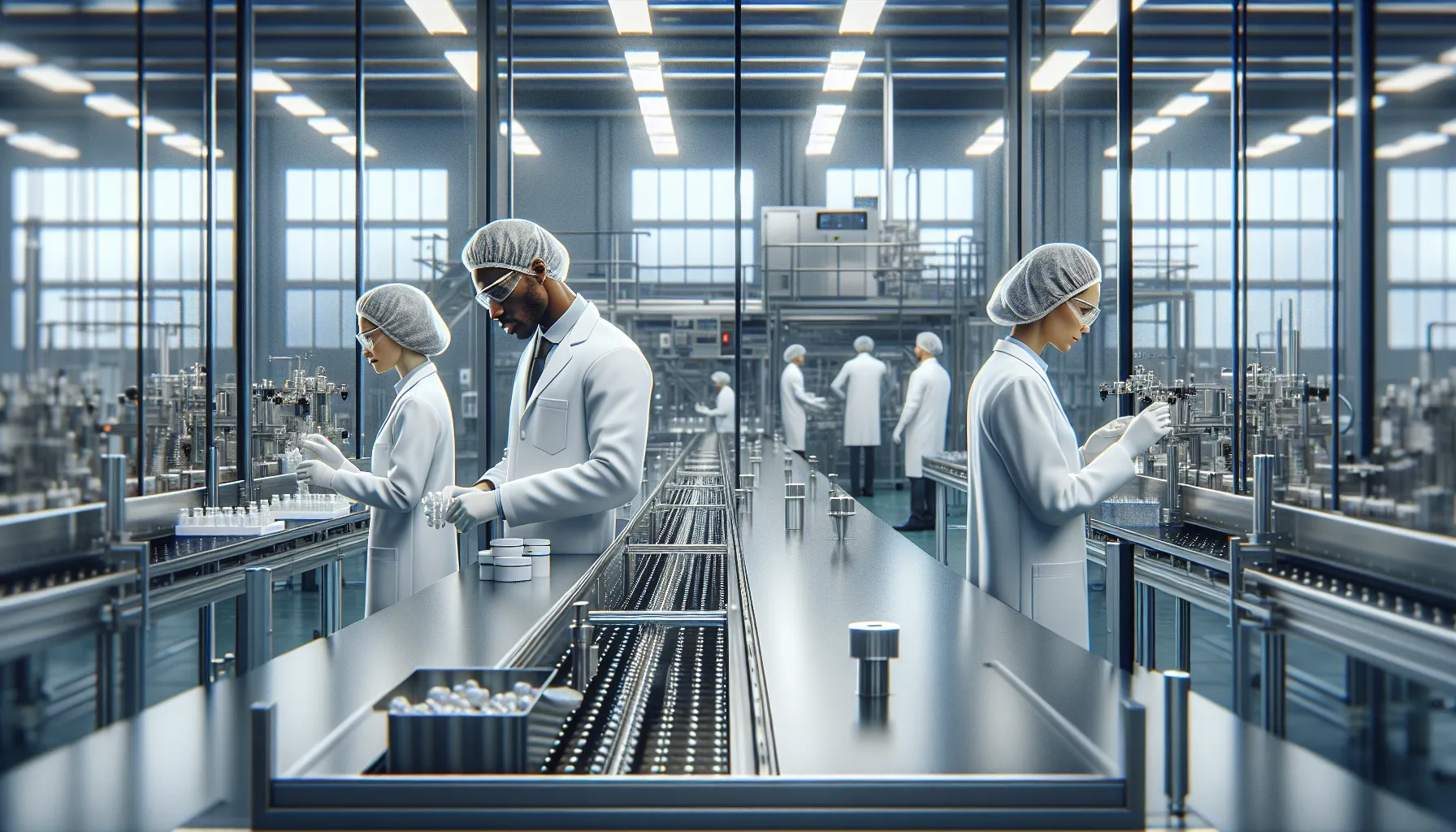 diverse team in a pharmaceutical manufacturing facility.