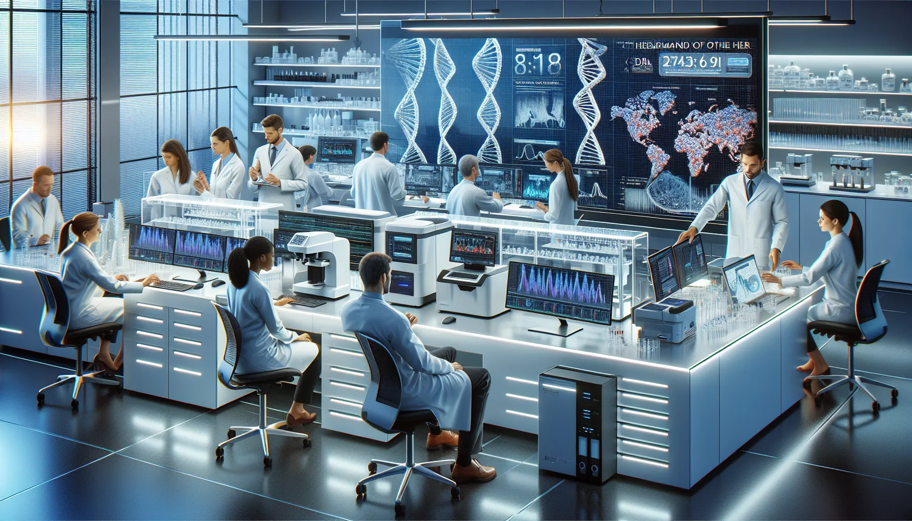 scientists analyzing DNA data in a modern laboratory